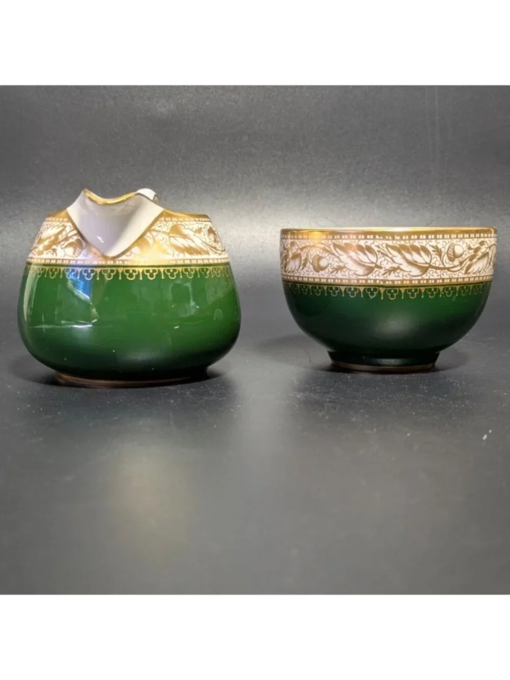 Spode Green Gold Creamer Sugar Bowl Set Fine Bone China Elegant Design